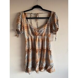 Show Me Your Mumu Plaid Ruched Empire Waist Tiered Mini Dress Brown Blue M